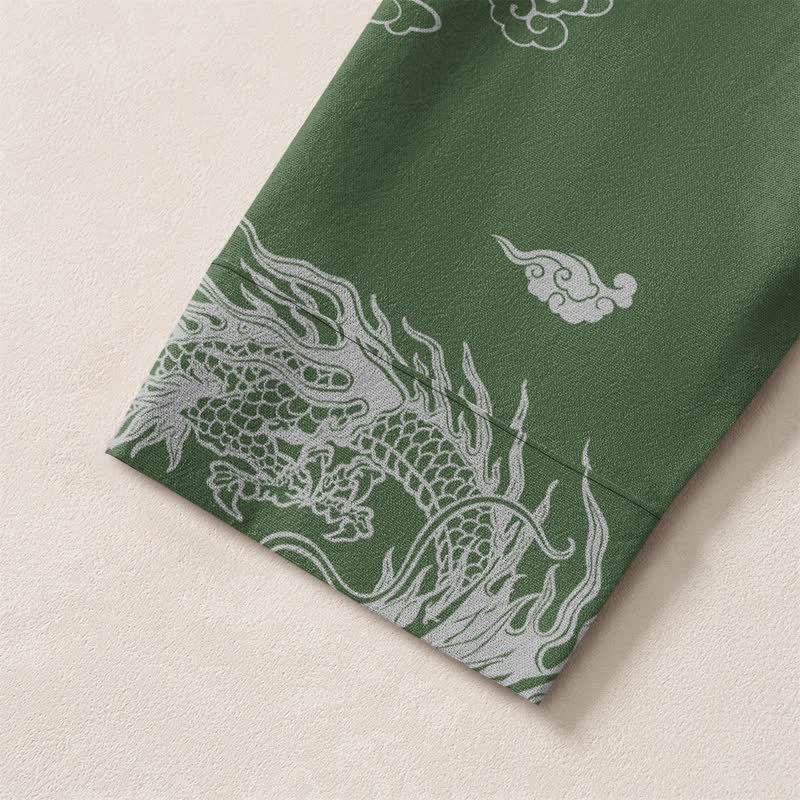 Buddha Stones Camisas de manga larga para hombre de algodón con cuello en V, estampado de nube de dragón blanco oriental y botones. - image 12