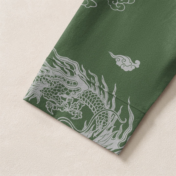 Buddha Stones Camisas de manga larga para hombre de algodón con cuello en V, estampado de nube de dragón blanco oriental y botones. - image 12