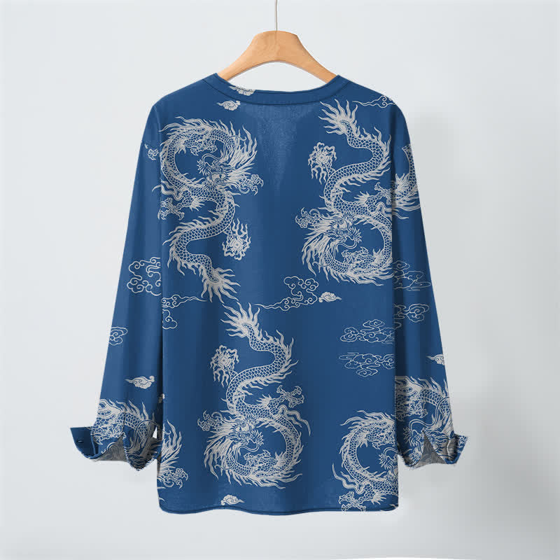 Buddha Stones Camisas de manga larga para hombre de algodón con cuello en V, estampado de nube de dragón blanco oriental y botones. - image 17