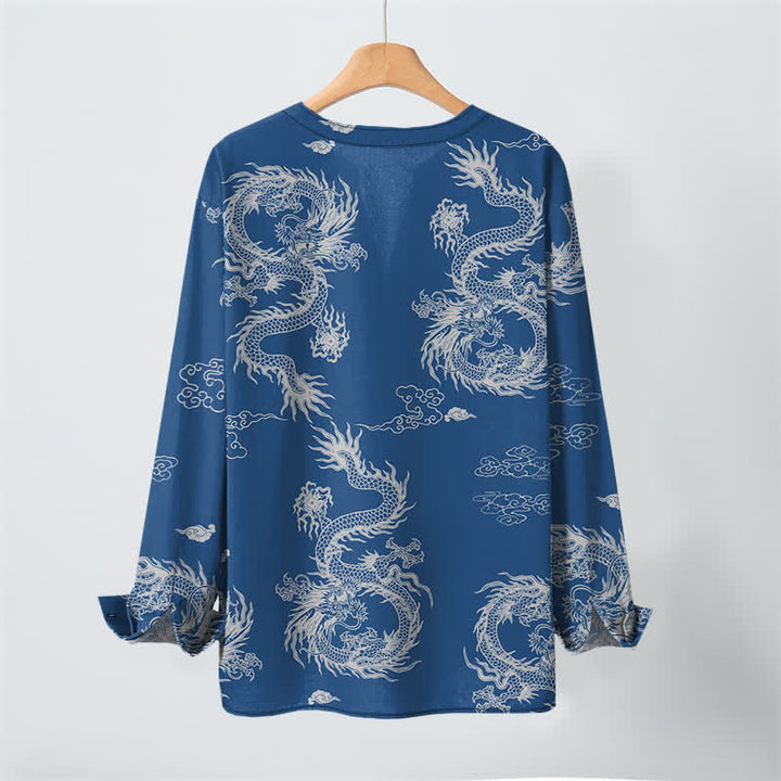 Buddha Stones Camisas de manga larga para hombre de algodón con cuello en V, estampado de nube de dragón blanco oriental y botones. - image 17