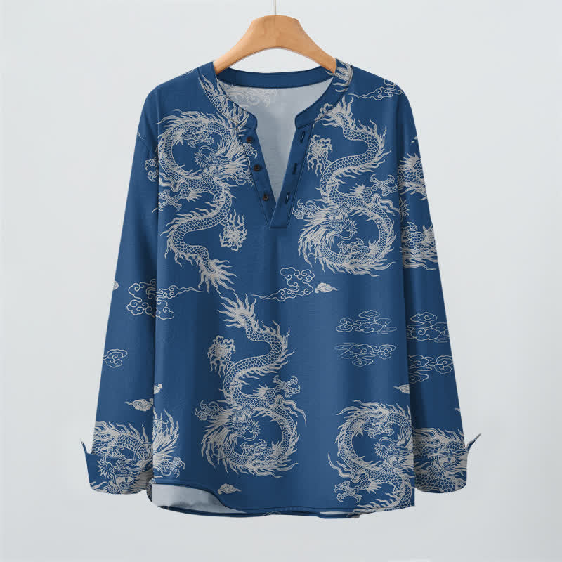 Buddha Stones Camisas de manga larga para hombre de algodón con cuello en V, estampado de nube de dragón blanco oriental y botones. - image 16
