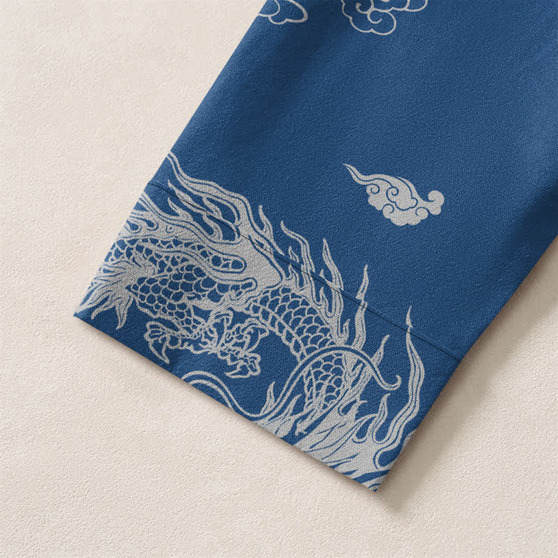Buddha Stones Camisas de manga larga para hombre de algodón con cuello en V, estampado de nube de dragón blanco oriental y botones. - image 19