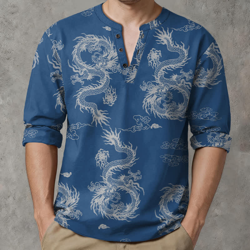 Buddha Stones Camisas de manga larga para hombre de algodón con cuello en V, estampado de nube de dragón blanco oriental y botones. - Azul acero - US/UK/AU48, UE58 (4XL) - image 14