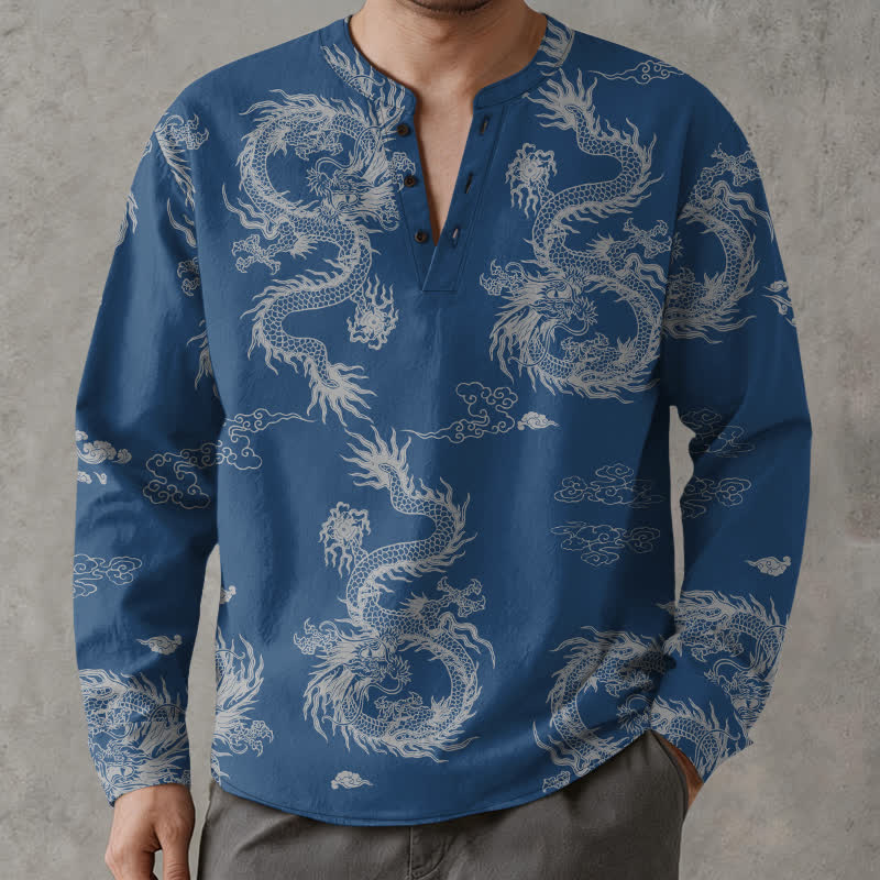 Buddha Stones Camisas de manga larga para hombre de algodón con cuello en V, estampado de nube de dragón blanco oriental y botones. - image 15
