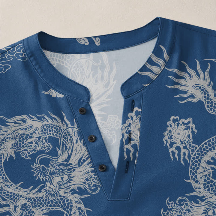 Buddha Stones Camisas de manga larga para hombre de algodón con cuello en V, estampado de nube de dragón blanco oriental y botones. - image 18