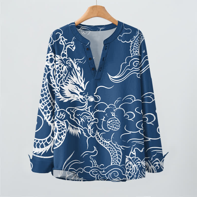 Buddha Stones Camisas de manga larga para hombre de algodón con cuello en V y estampado de nubes de dragón chino. - image 2