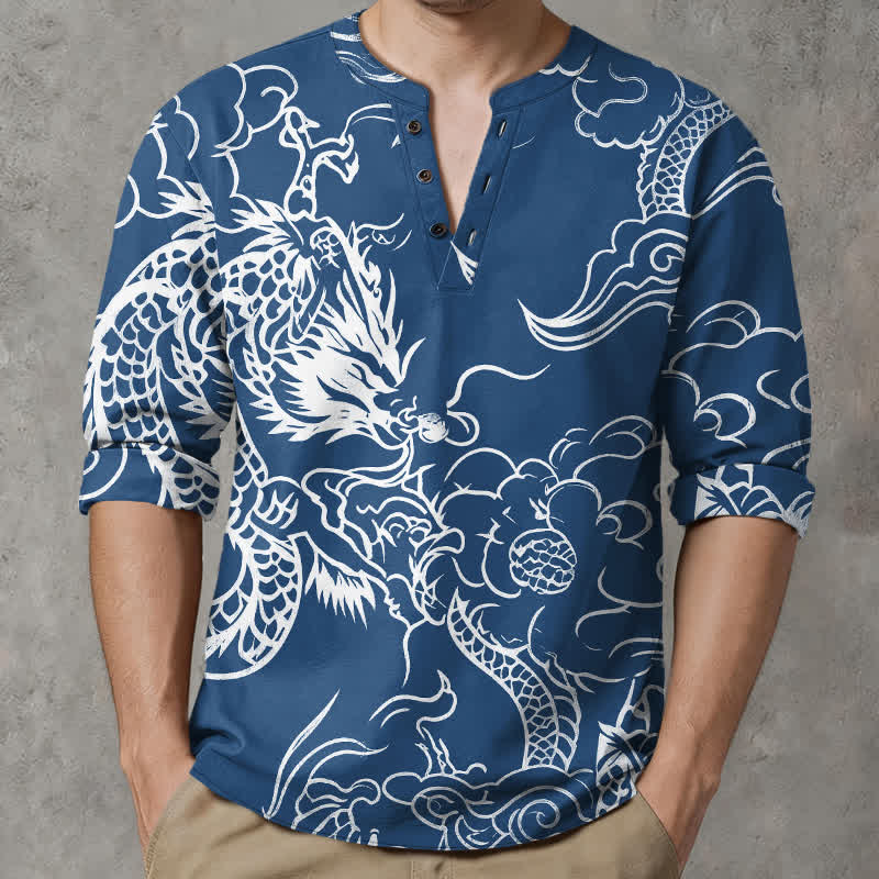 Buddha Stones Camisas de manga larga para hombre de algodón con cuello en V y estampado de nubes de dragón chino. - image 1