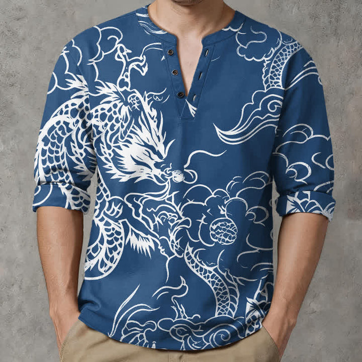 Buddha Stones Camisas de manga larga para hombre de algodón con cuello en V y estampado de nubes de dragón chino. - image 1