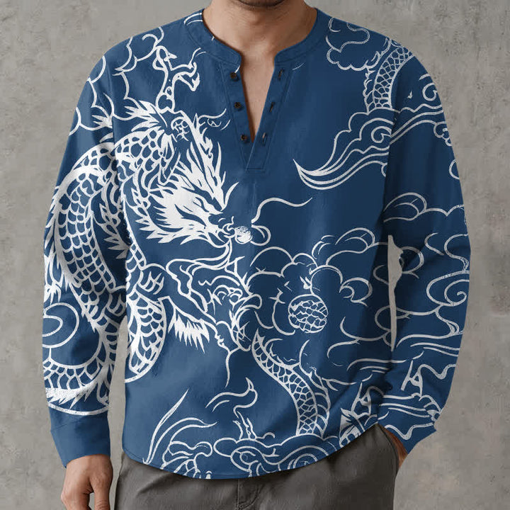 Buddha Stones Camisas de manga larga para hombre de algodón con cuello en V y estampado de nubes de dragón chino. - Azul real - US/UK/AU48, UE58 (4XL) - image 0