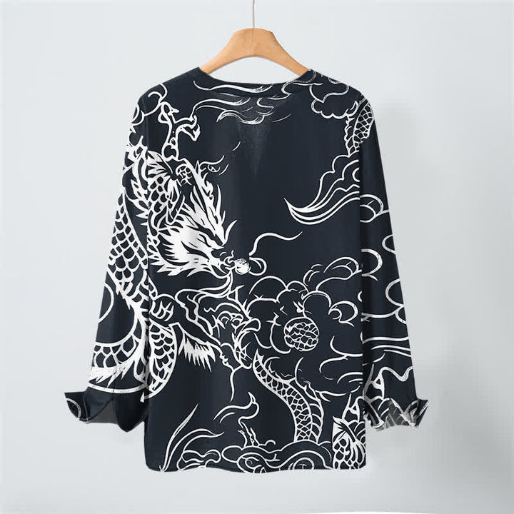 Buddha Stones Camisas de manga larga para hombre de algodón con cuello en V y estampado de nubes de dragón chino. - image 10