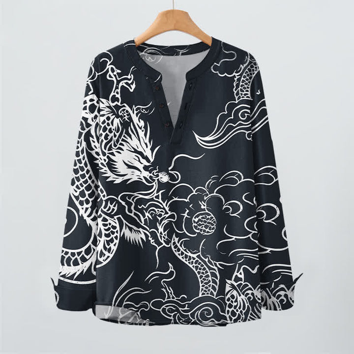 Buddha Stones Camisas de manga larga para hombre de algodón con cuello en V y estampado de nubes de dragón chino. - image 9