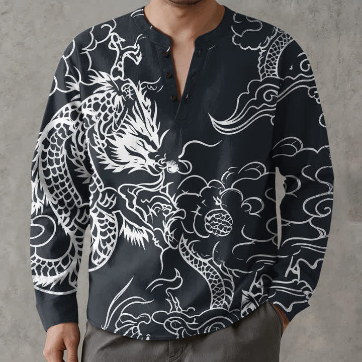 Buddha Stones Camisas de manga larga para hombre de algodón con cuello en V y estampado de nubes de dragón chino. - Negro - US/UK/AU48, UE58 (4XL) - image 7