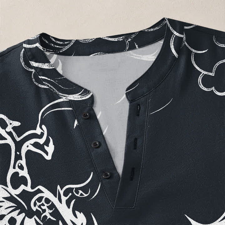 Buddha Stones Camisas de manga larga para hombre de algodón con cuello en V y estampado de nubes de dragón chino. - image 11
