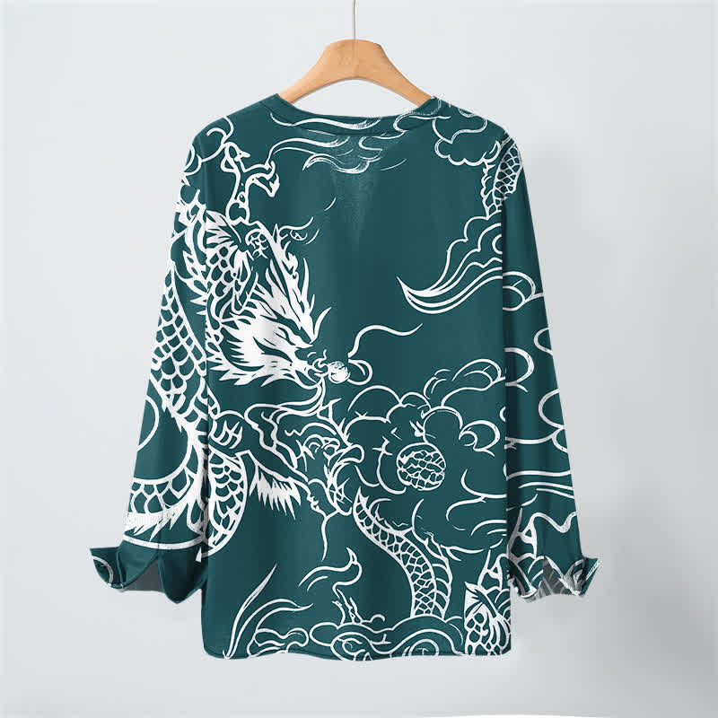 Buddha Stones Camisas de manga larga para hombre de algodón con cuello en V y estampado de nubes de dragón chino. - image 17