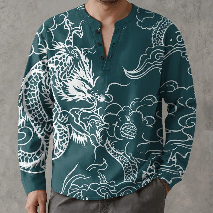 Buddha Stones Camisas de manga larga para hombre de algodón con cuello en V y estampado de nubes de dragón chino. - Verde azulado - US/UK/AU48, UE58 (4XL) - image 14
