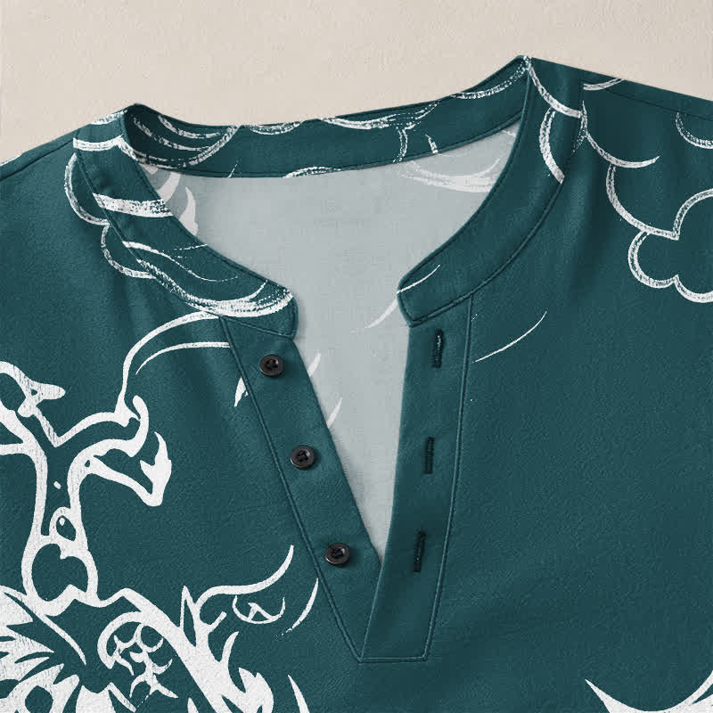 Buddha Stones Camisas de manga larga para hombre de algodón con cuello en V y estampado de nubes de dragón chino. - image 18