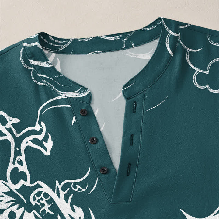 Buddha Stones Camisas de manga larga para hombre de algodón con cuello en V y estampado de nubes de dragón chino. - image 18