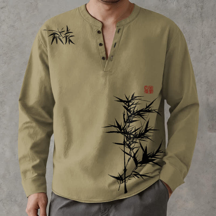 Buddha Stones Camisas de manga larga para hombre con cuello en V y botones, estampado de bambú y tinta de algodón. - image 1