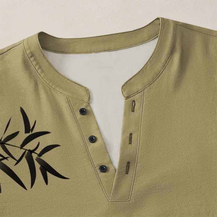 Buddha Stones Camisas de manga larga para hombre con cuello en V y botones, estampado de bambú y tinta de algodón. - image 4