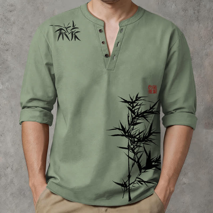 Buddha Stones Camisas de manga larga para hombre con cuello en V y botones, estampado de bambú y tinta de algodón. - Verde oliva - US/UK/AU48, UE58 (4XL) - image 7