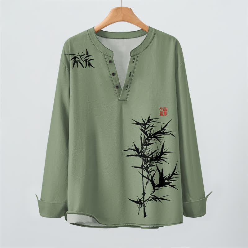Buddha Stones Camisas de manga larga para hombre con cuello en V y botones, estampado de bambú y tinta de algodón. - image 9