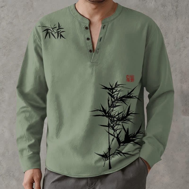 Buddha Stones Camisas de manga larga para hombre con cuello en V y botones, estampado de bambú y tinta de algodón. - image 8