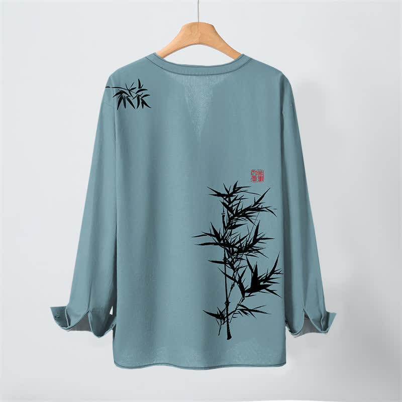 Buddha Stones Camisas de manga larga para hombre con cuello en V y botones, estampado de bambú y tinta de algodón. - image 17