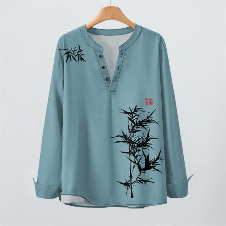 Buddha Stones Camisas de manga larga para hombre con cuello en V y botones, estampado de bambú y tinta de algodón. - image 16