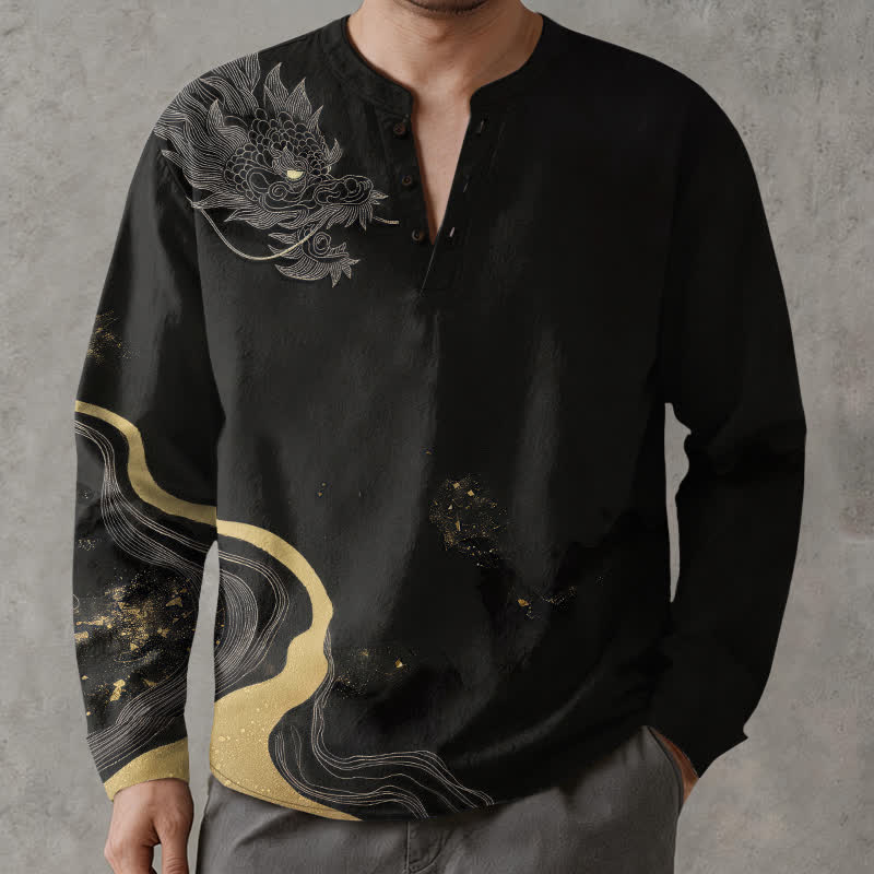 Buddha Stones Camisas de manga larga para hombre de algodón con cuello en V y estampado de dragón vintage. - image 1