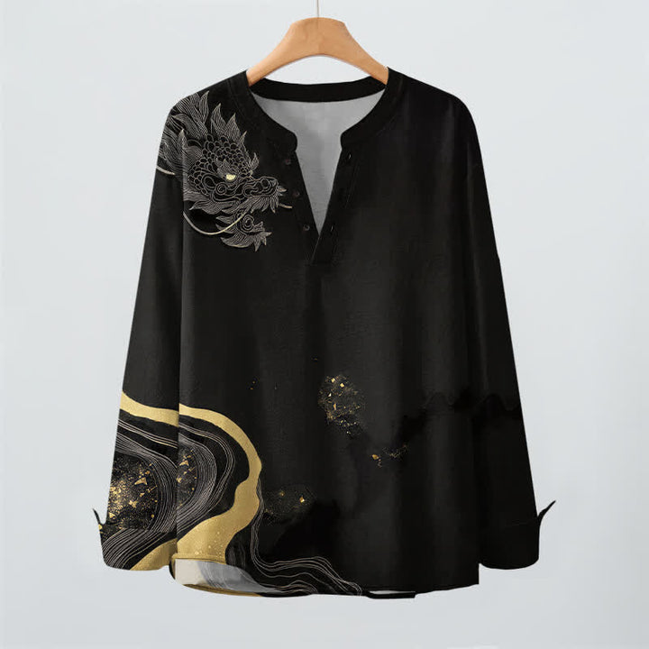 Buddha Stones Camisas de manga larga para hombre de algodón con cuello en V y estampado de dragón vintage. - image 2