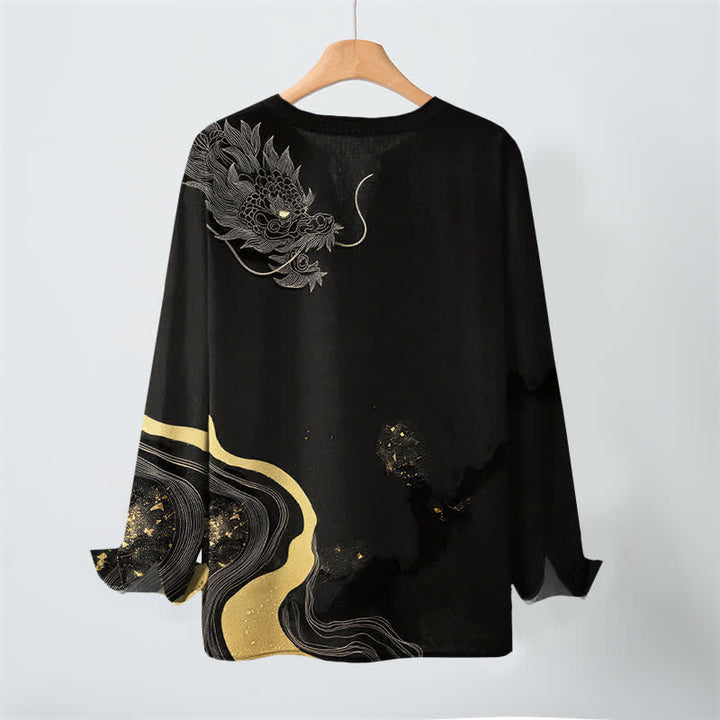 Buddha Stones Camisas de manga larga para hombre de algodón con cuello en V y estampado de dragón vintage. - image 3