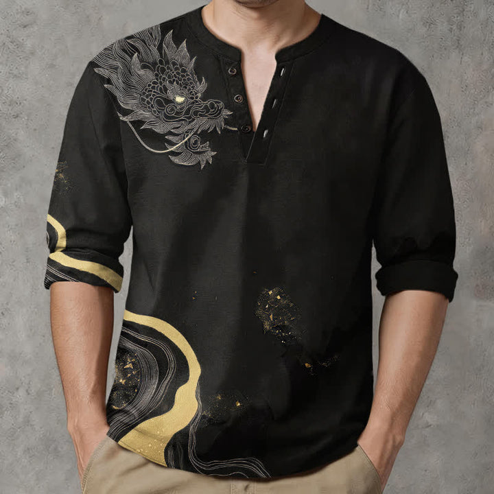 Buddha Stones Camisas de manga larga para hombre de algodón con cuello en V y estampado de dragón vintage. - Negro - US/UK/AU48, UE58 (4XL) - image 0