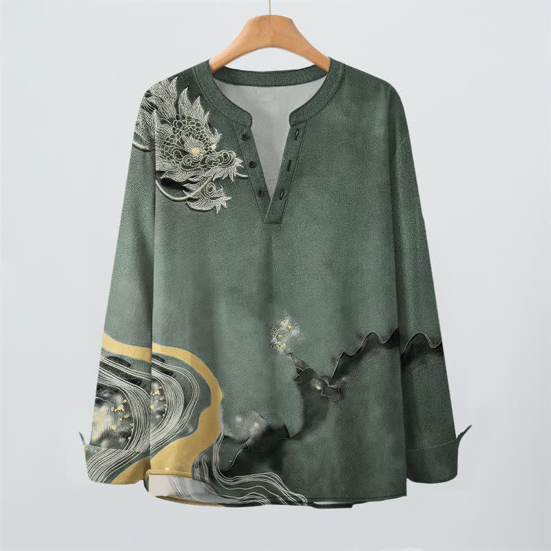 Buddha Stones Camisas de manga larga para hombre de algodón con cuello en V y estampado de dragón vintage. - image 9