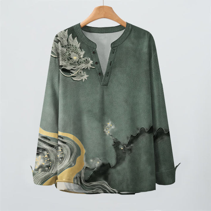 Buddha Stones Camisas de manga larga para hombre de algodón con cuello en V y estampado de dragón vintage. - image 9