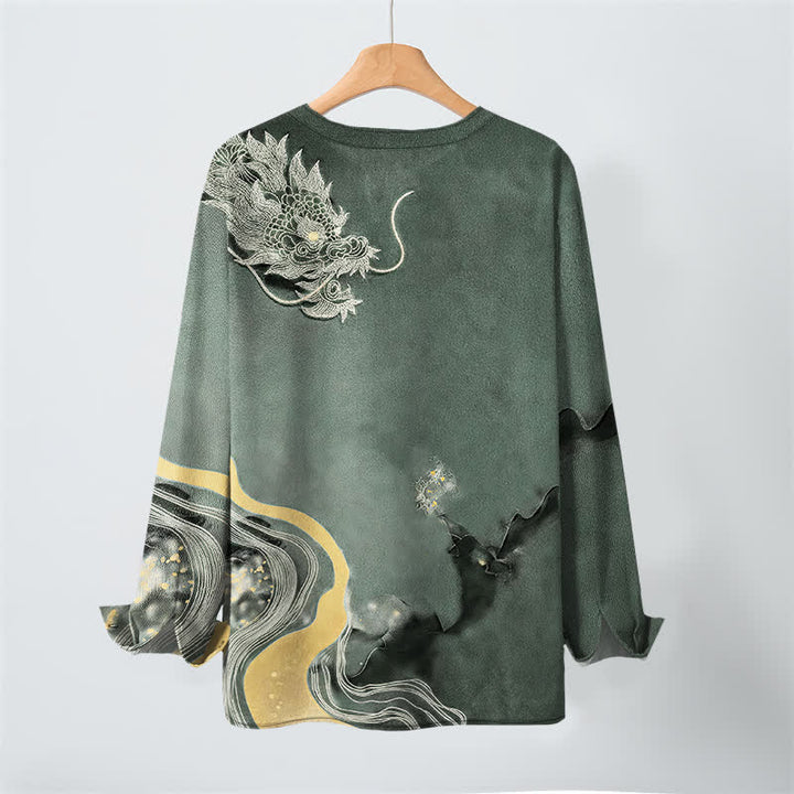 Buddha Stones Camisas de manga larga para hombre de algodón con cuello en V y estampado de dragón vintage. - image 10