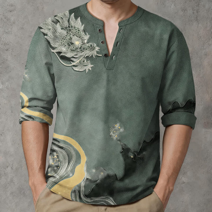 Buddha Stones Camisas de manga larga para hombre de algodón con cuello en V y estampado de dragón vintage. - Verde mar oscuro - US/UK/AU48, UE58 (4XL) - image 7