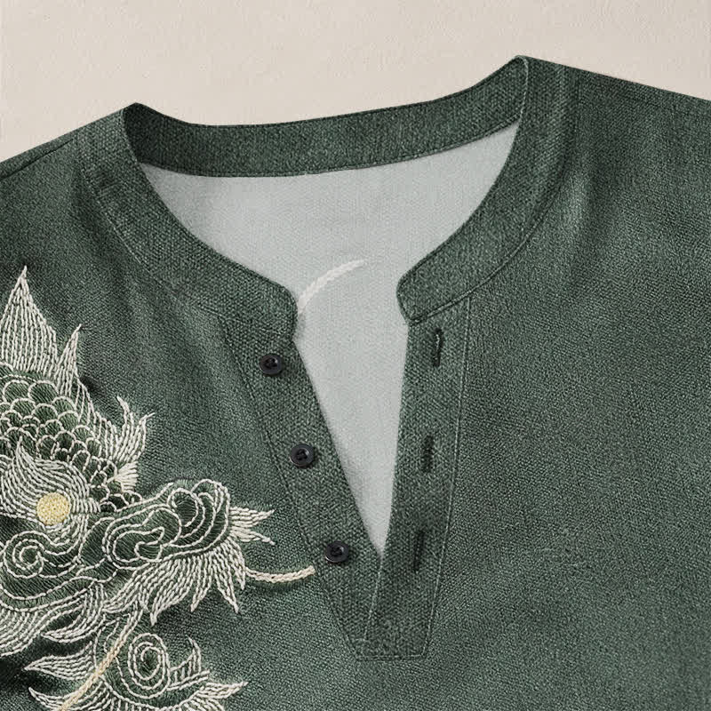 Buddha Stones Camisas de manga larga para hombre de algodón con cuello en V y estampado de dragón vintage. - image 11