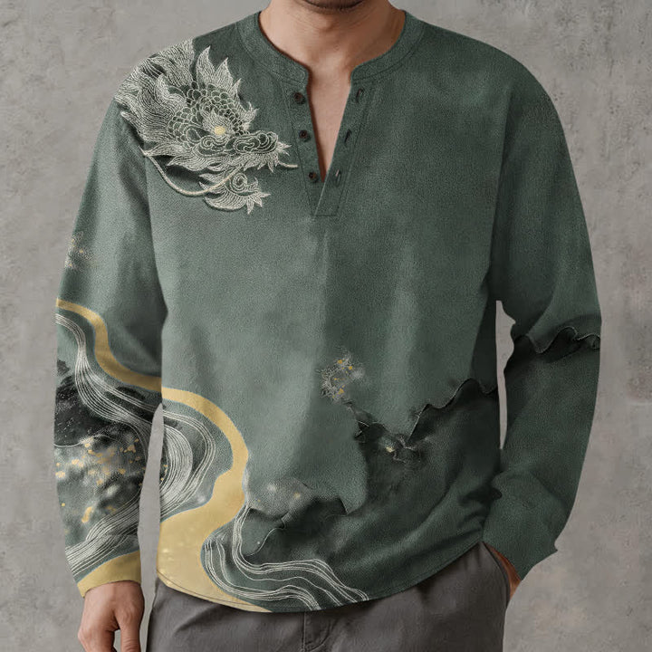 Buddha Stones Camisas de manga larga para hombre de algodón con cuello en V y estampado de dragón vintage. - image 8