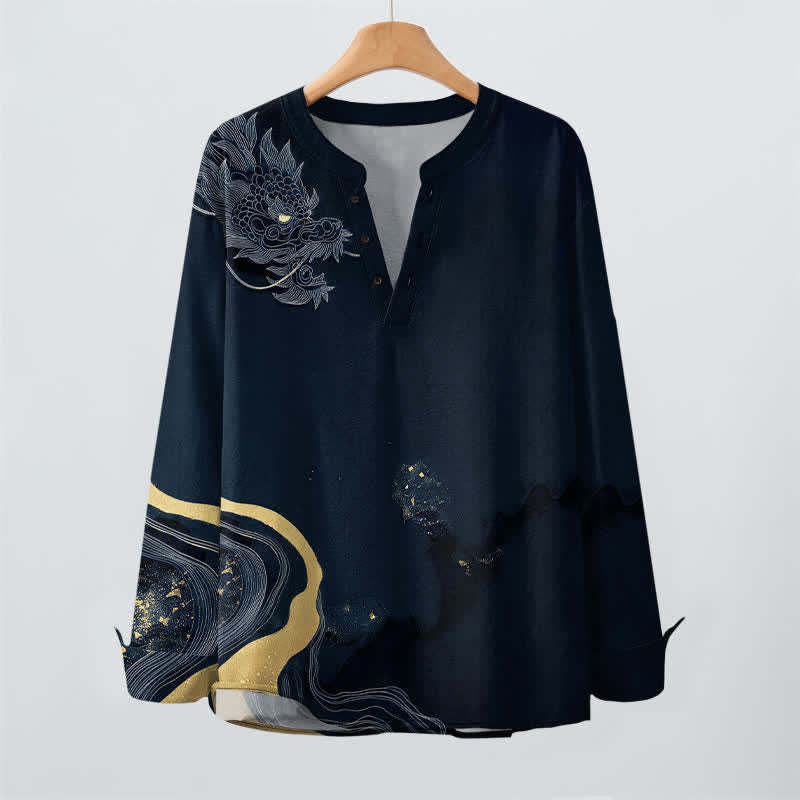 Buddha Stones Camisas de manga larga para hombre de algodón con cuello en V y estampado de dragón vintage. - image 16