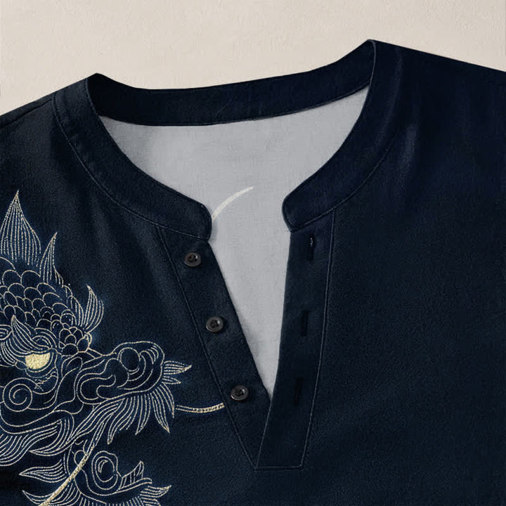 Buddha Stones Camisas de manga larga para hombre de algodón con cuello en V y estampado de dragón vintage. - image 18