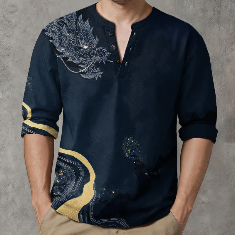 Buddha Stones Camisas de manga larga para hombre de algodón con cuello en V y estampado de dragón vintage. - Azul medianoche - US/UK/AU48, UE58 (4XL) - image 14