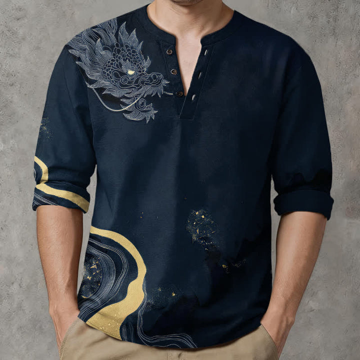 Buddha Stones Camisas de manga larga para hombre de algodón con cuello en V y estampado de dragón vintage. - Azul medianoche - US/UK/AU48, UE58 (4XL) - image 14