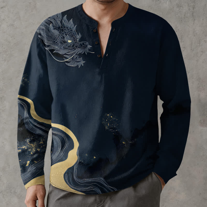 Buddha Stones Camisas de manga larga para hombre de algodón con cuello en V y estampado de dragón vintage. - image 15