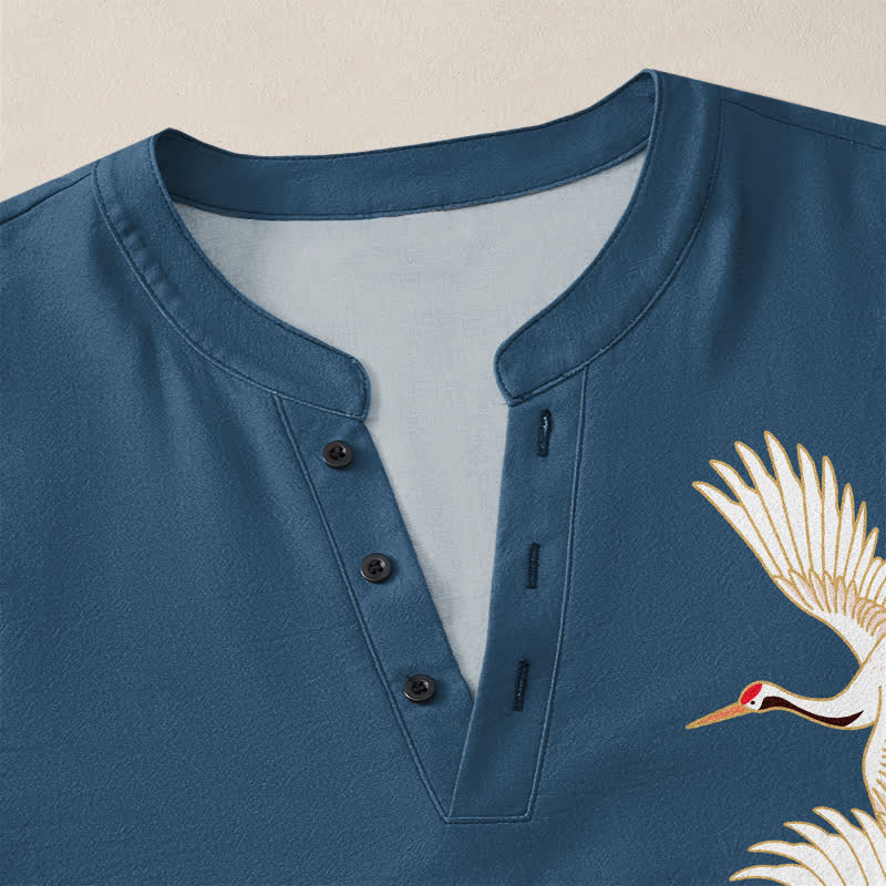 Buddha Stones Camisas de manga larga para hombre con cuello en V y botones, con estampado de grullas y lotos de algodón. - image 4