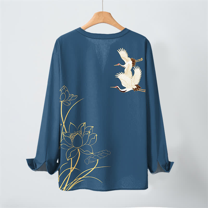 Buddha Stones Camisas de manga larga para hombre con cuello en V y botones, con estampado de grullas y lotos de algodón. - image 3