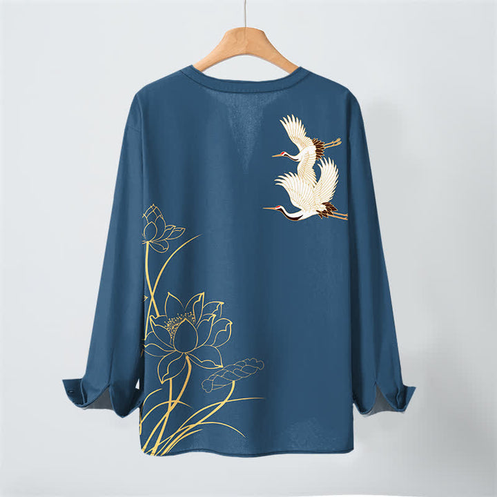 Buddha Stones Camisas de manga larga para hombre con cuello en V y botones, con estampado de grullas y lotos de algodón. - image 3