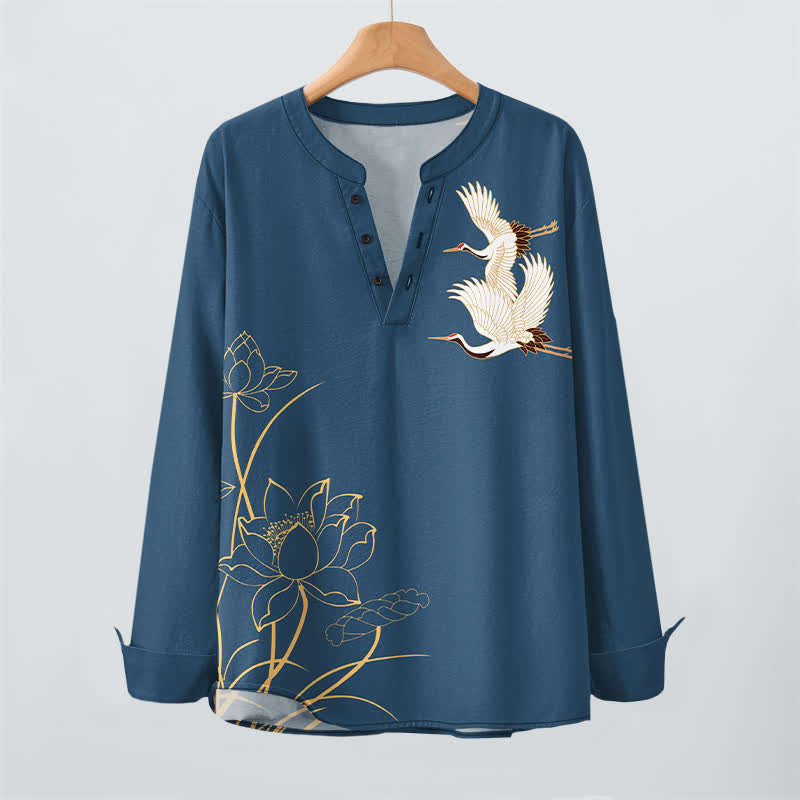 Buddha Stones Camisas de manga larga para hombre con cuello en V y botones, con estampado de grullas y lotos de algodón. - image 2