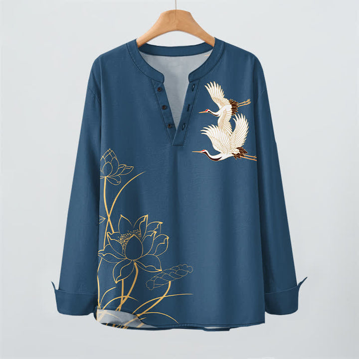 Buddha Stones Camisas de manga larga para hombre con cuello en V y botones, con estampado de grullas y lotos de algodón. - image 2