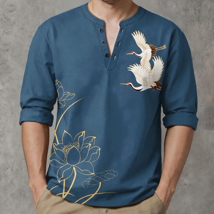 Buddha Stones Camisas de manga larga para hombre con cuello en V y botones, con estampado de grullas y lotos de algodón. - image 1