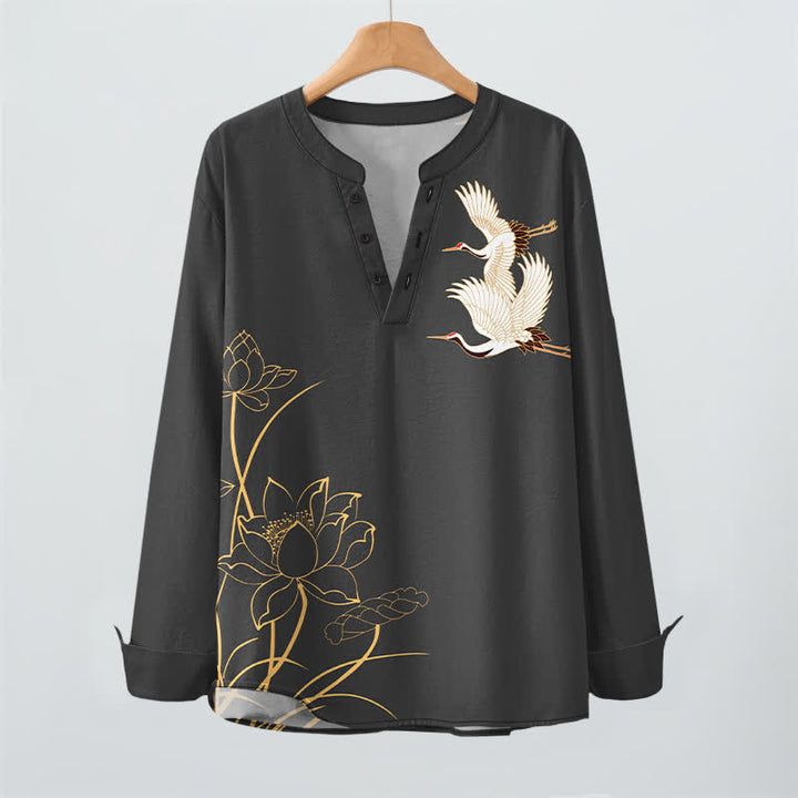 Buddha Stones Camisas de manga larga para hombre con cuello en V y botones, con estampado de grullas y lotos de algodón. - image 9
